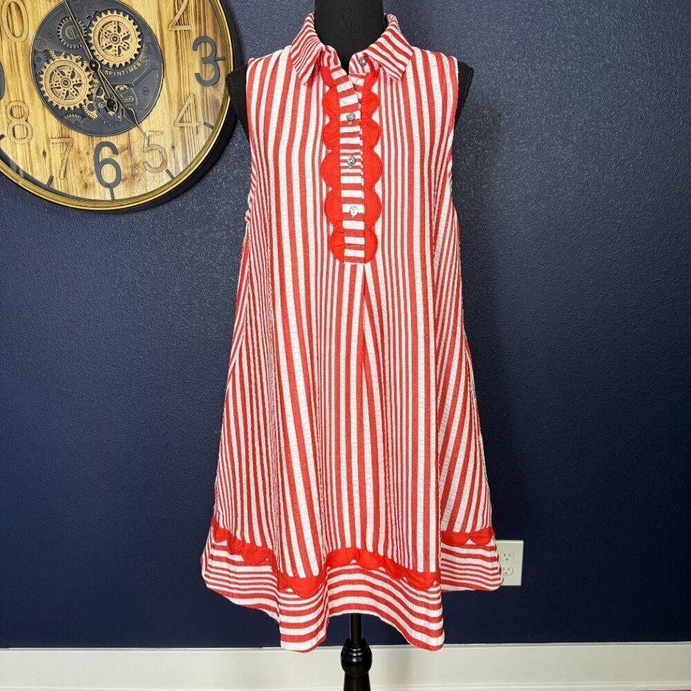 NWT Americana Nantucket Red Color Seersucker Scalloped Trapeze Dress, Med